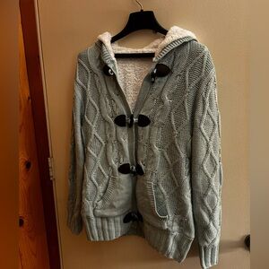 Light Blue Cable Knit Toggle Sweater. Beautiful and warm.